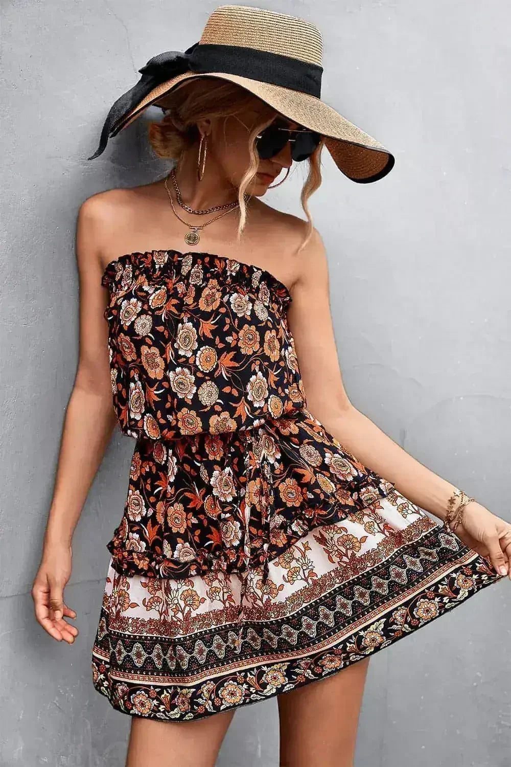 Women's Bohemian Floral Print Strapless Dress Summer Beach Dress - Femstylo