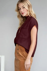 Mineral Red Patch Pocket Ribbed Knit Short Sleeve Sweater - Femstylo