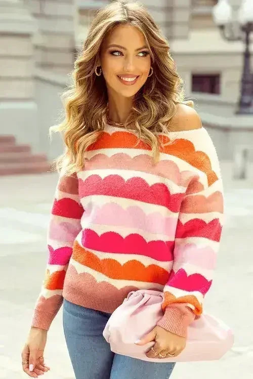 Yellow Wave Striped Balloon Sleeve Drop Shoulder Sweater - Femstylo