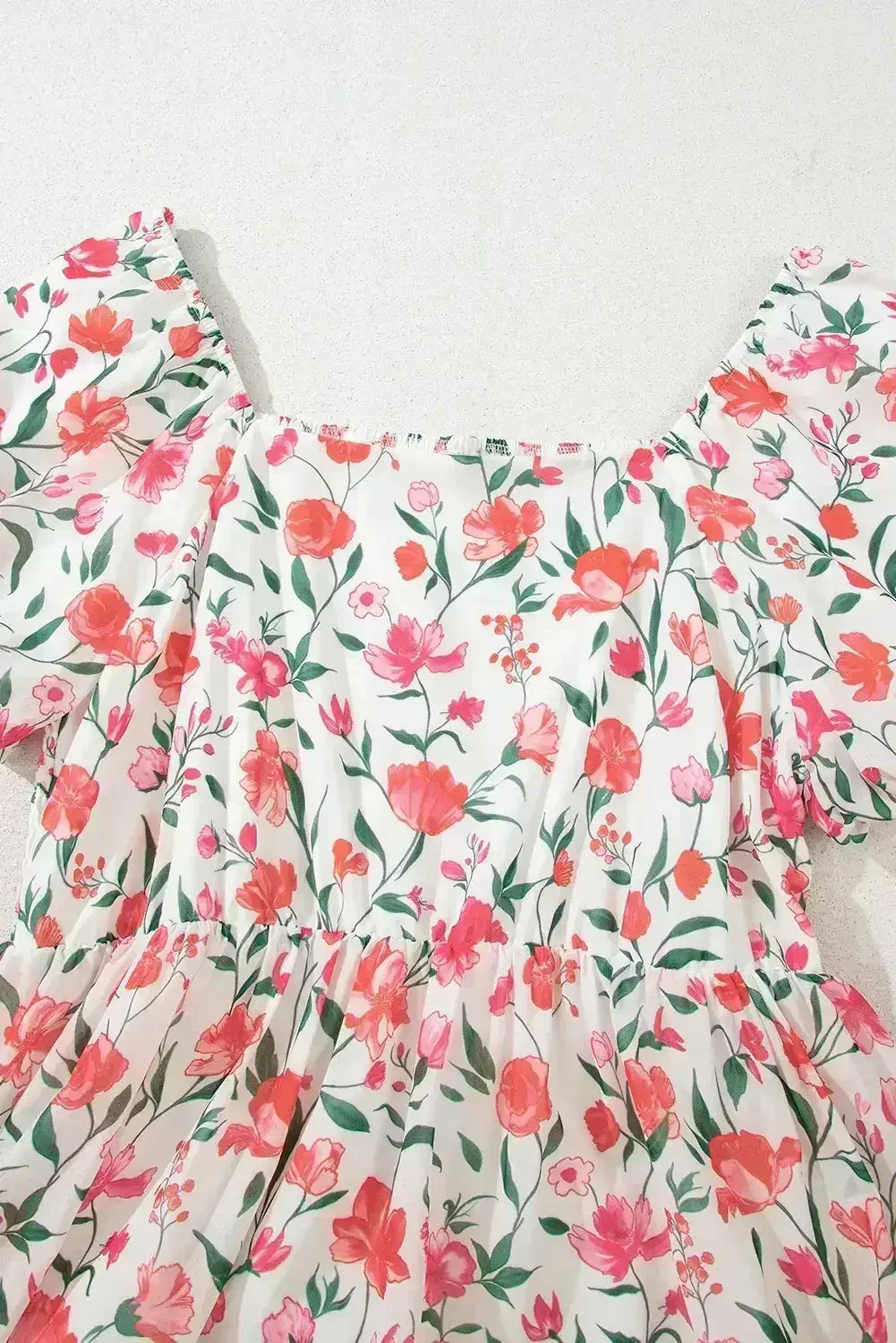 Pink Floral Puff Sleeve Square Neck Empire Waist Tiered Maxi Dress - Femstylo