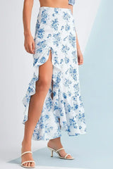 Sky Blue Boho Floral High Waist Ruffle Split Maxi Skirt - Femstylo