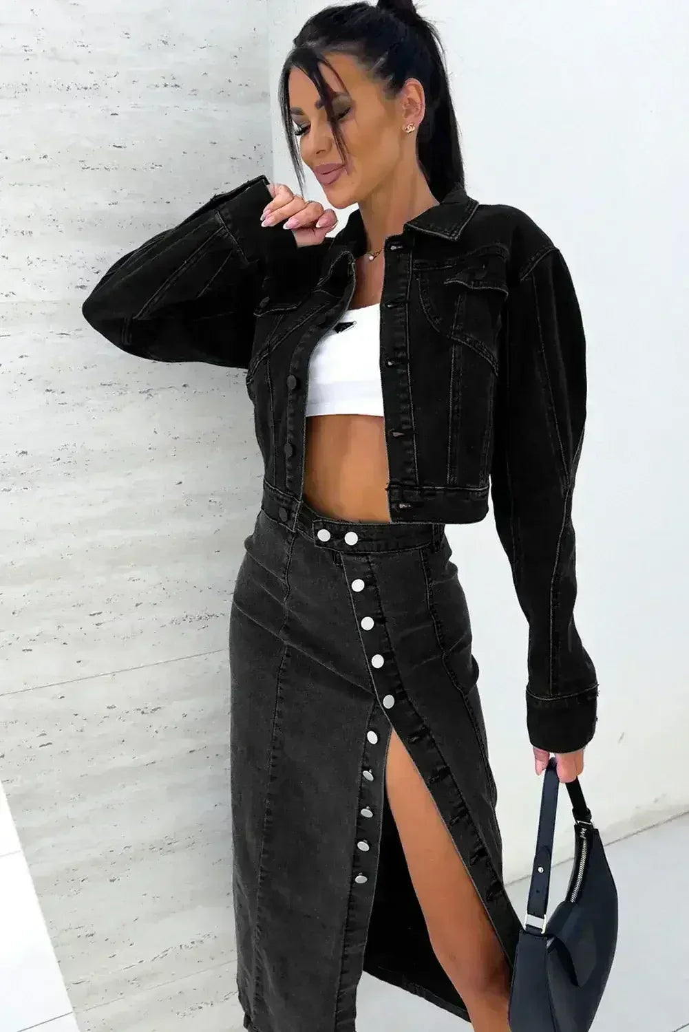 Black Button Fly Side Split High Waist Denim Midi Skirt - Femstylo