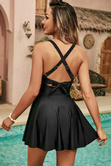 Black Criss Cross Straps Tie Back Flared One Piece Swimsuit - Femstylo