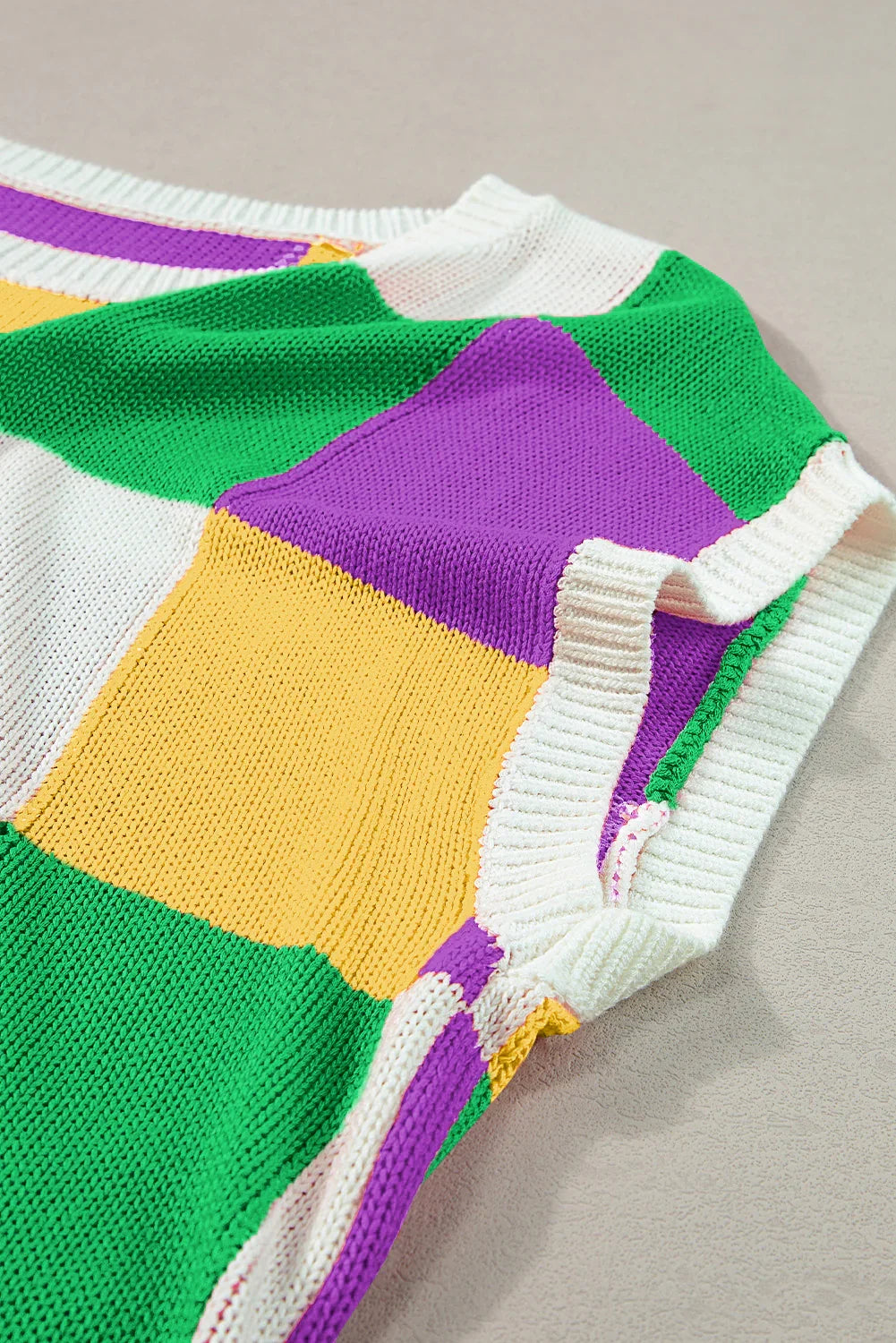 Tillandsia Purple Checkered Color Block Cap Sleeve Mardi Gras Knitted Top