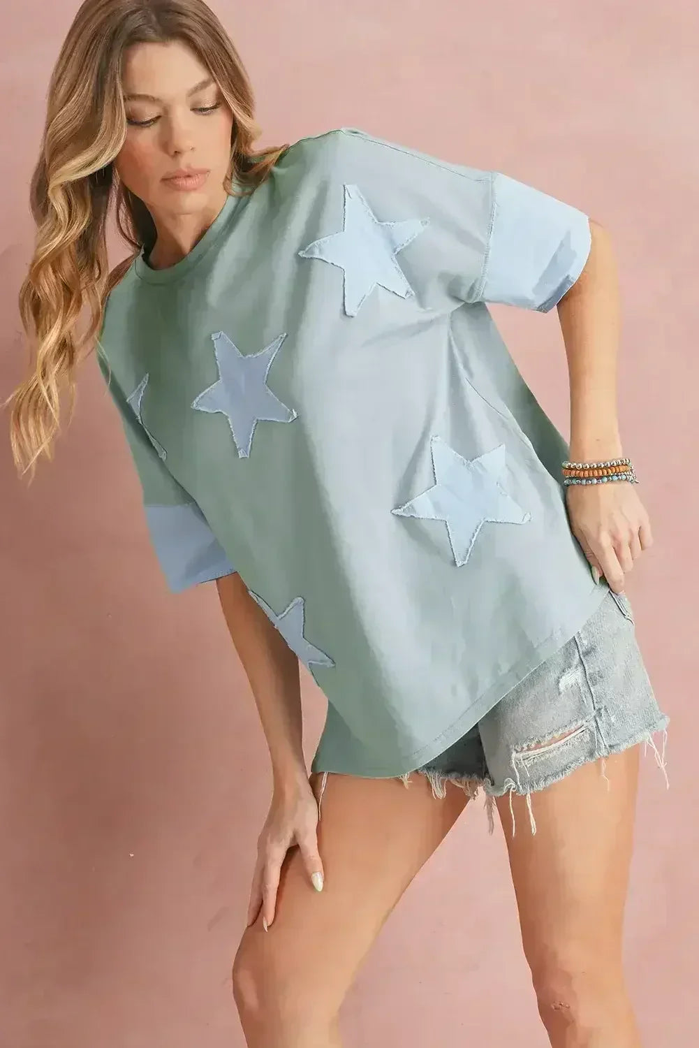 Aruba Blue Frayed Star Patched 4th of July Oversize T Shirt - Femstylo