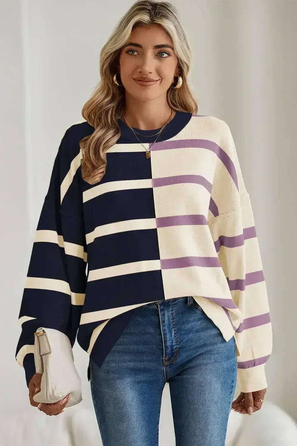 Pink Striped Patchwork Drop Shoulder Sweater - Femstylo