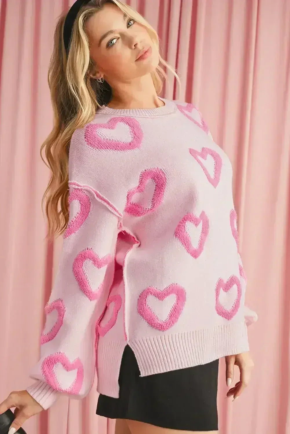 Pink Heart Shape Bubble Sleeve Baggy Sweater - Femstylo
