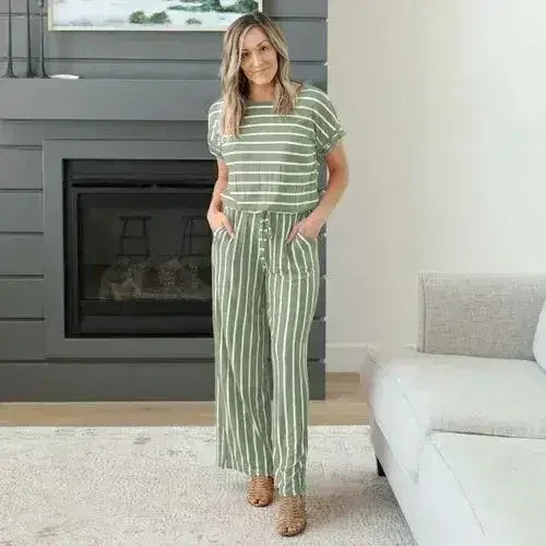 Stripe Jumpsuit Elastic Waist Back Keyhole - Femstylo