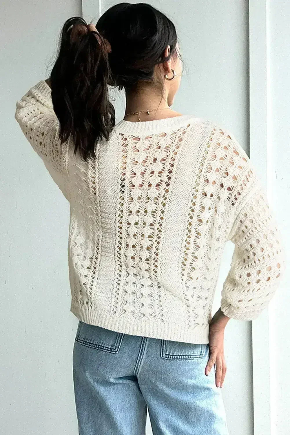 White Hollow Out Knit Bracelet Sleeve Drop Shoulder Sweater - Femstylo