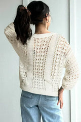 White Hollow Out Knit Bracelet Sleeve Drop Shoulder Sweater - Femstylo