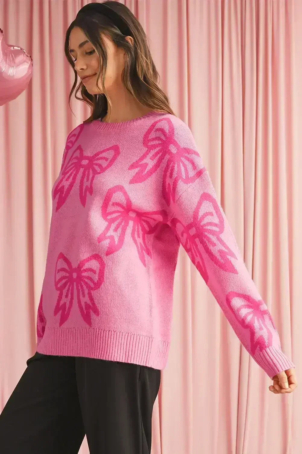 Pink Bow Pattern Drop Sleeve Loose Sweater - Femstylo