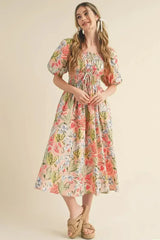 Apricot Pink Floral Knot Front Smocked Bubble Sleeve Dress - Femstylo