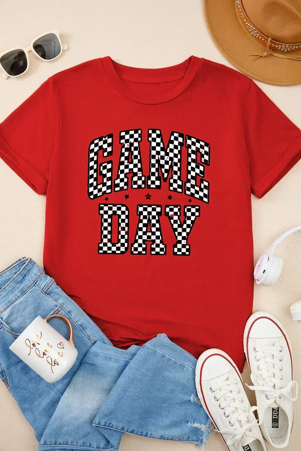 Red Checkered Game Day Graphic  Round T Shirt