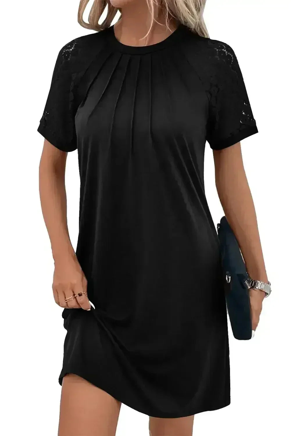 Navy Blue Contrast Lace Raglan Sleeve Pleated Mini Dress - Femstylo