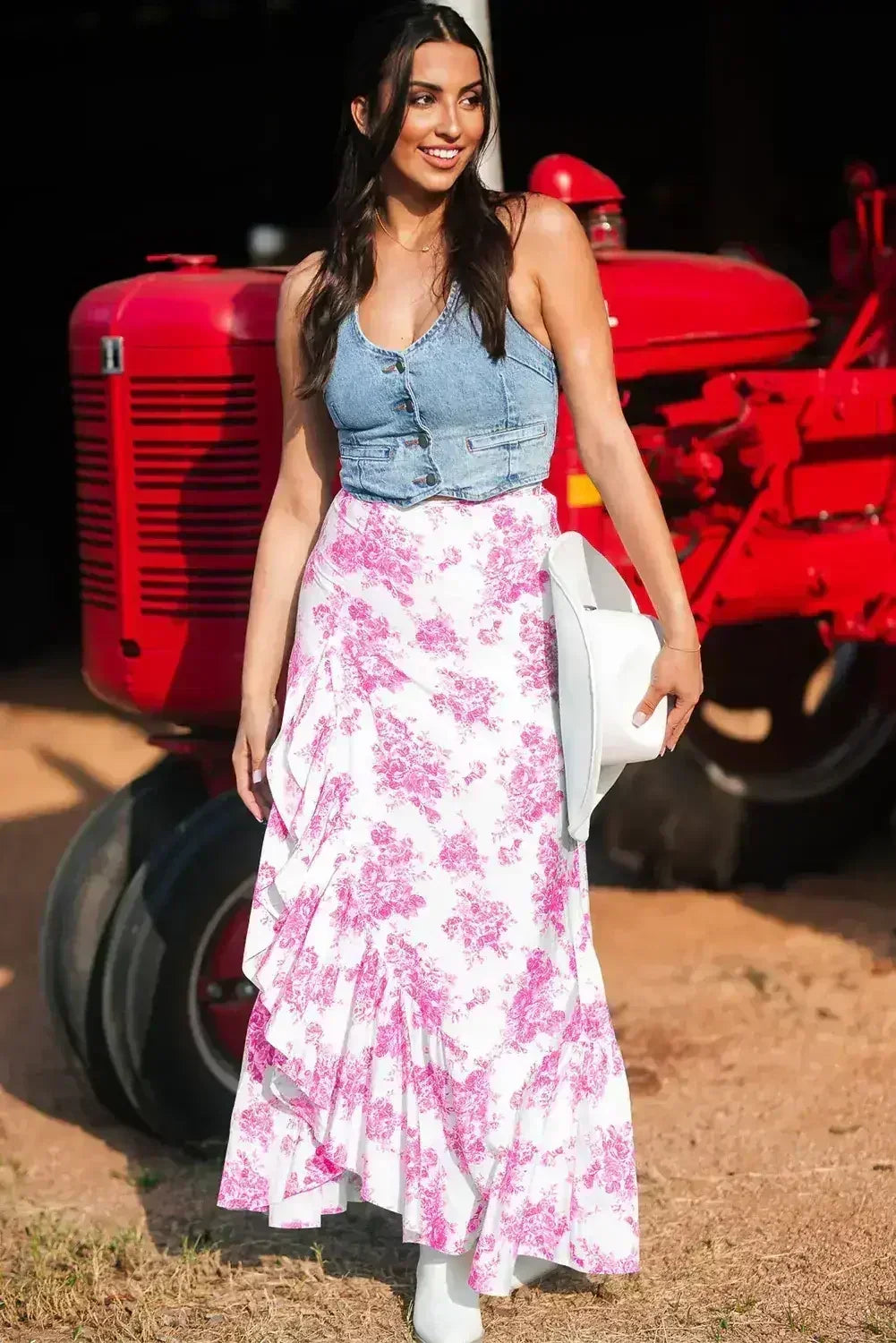 Sky Blue Boho Floral High Waist Ruffle Split Maxi Skirt - Femstylo