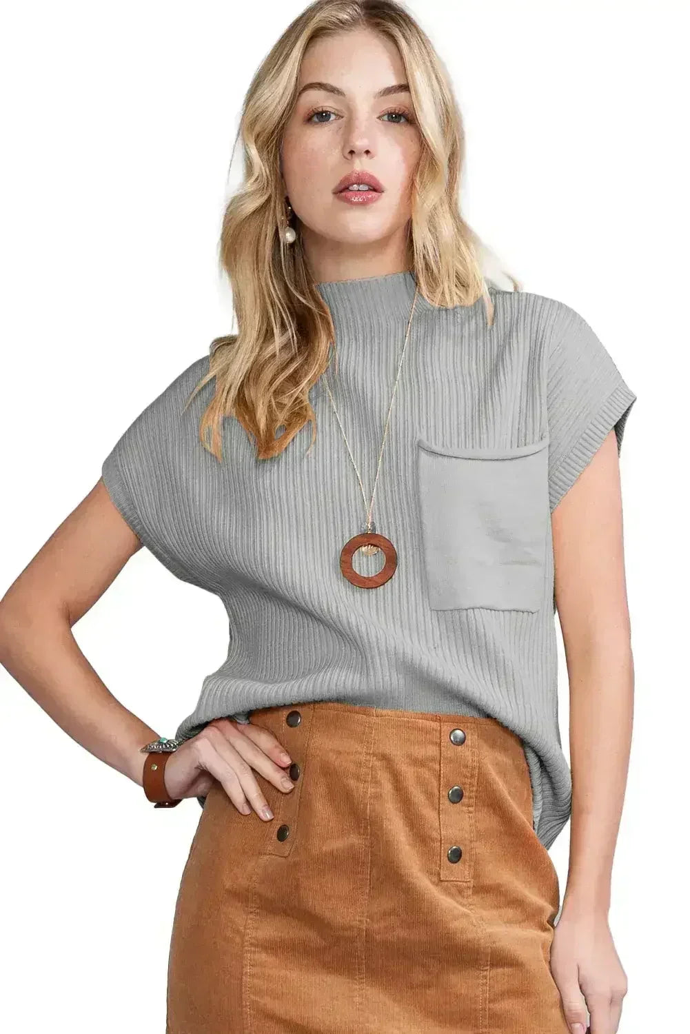 Mineral Red Patch Pocket Ribbed Knit Short Sleeve Sweater - Femstylo
