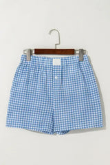 Blue Vintage Gingham Print High Waisted Loose Shorts - Femstylo