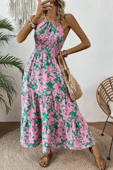Pink Floral Shirred High Waist Tiered Halter Dress - Femstylo