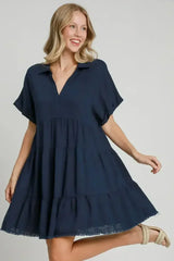 Umgee Full Size Raw Hem Folded Sleeve Tiered Dress Plus Size - Femstylo