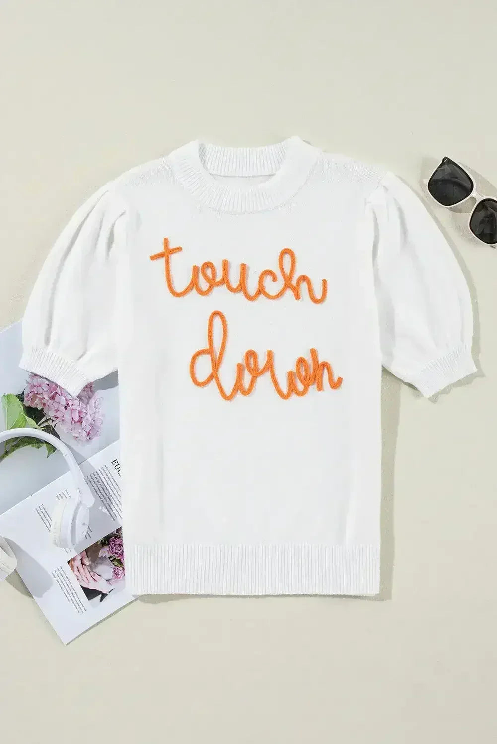 White Touchdown Tinsel Puff Short Sleeve Sweater - Femstylo