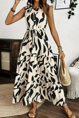 Apricot Abstract Print Knot Waist Collar Sleeveless Maxi Dress - Femstylo