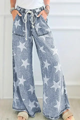 Light Blue Star Print Light Wash Drawstring High Waist Wide Leg Jeans - Femstylo