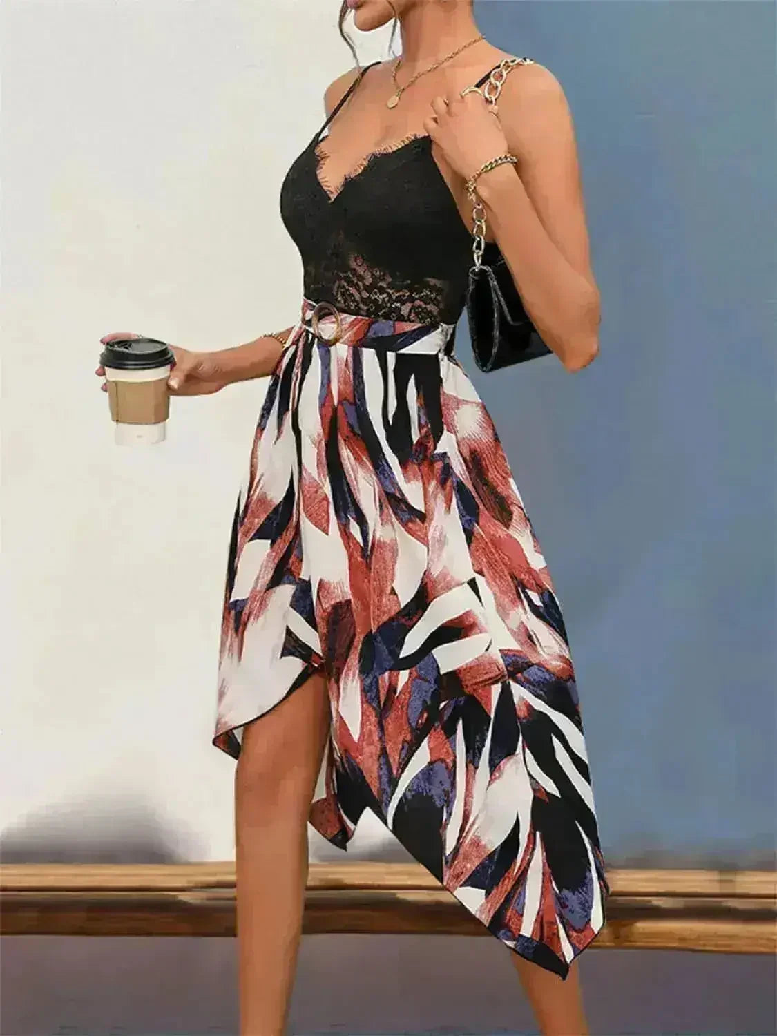 Lace Patchwork Printed V-Neck Dress - Femstylo