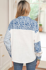 Sky Blue Leopard Striped Patchwork Button-up Shirt Shacket