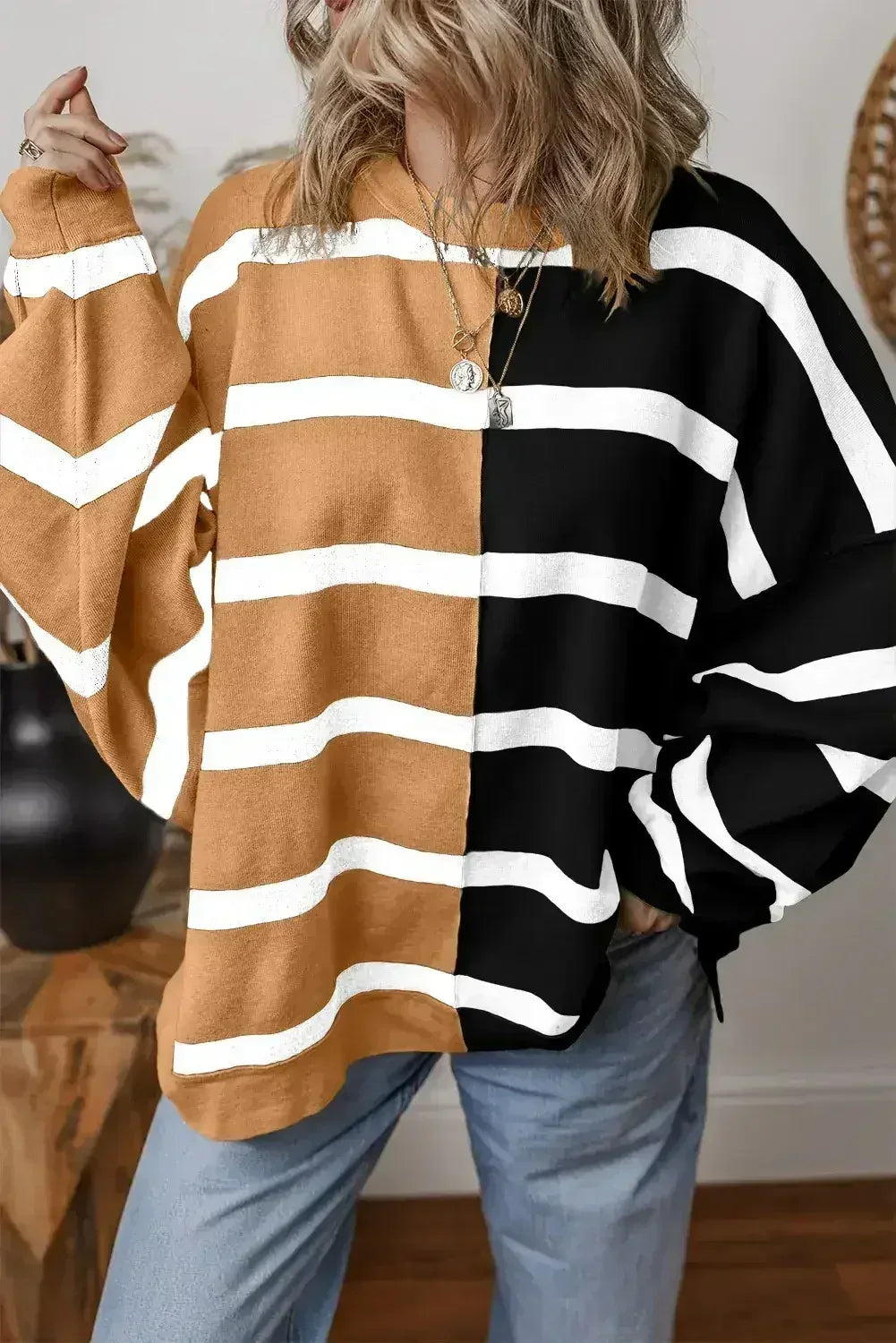 Pink Striped Patchwork Drop Shoulder Sweater - Femstylo