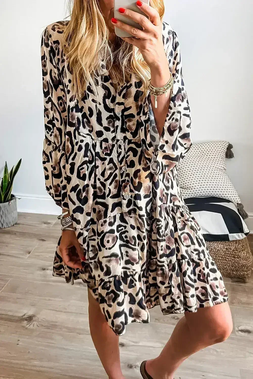 Black Leopard Button V Neck Flowy Mini Dress - Femstylo