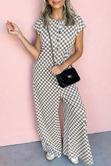 Khaki Checkered Print Buttoned Crew Neck Wide Leg Jumpsuit - Femstylo