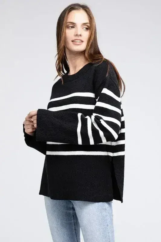 Ribbed Hem Stripe Sweater - Femstylo