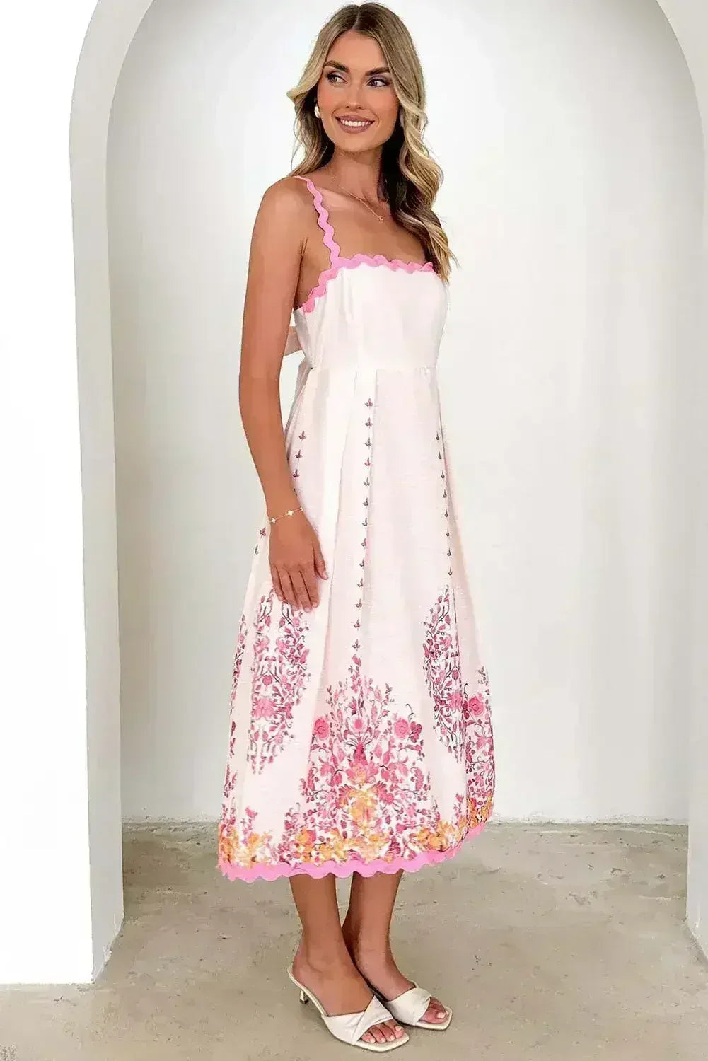Pink Floral Ric Rac Spaghetti Strap Backless Dress - Femstylo