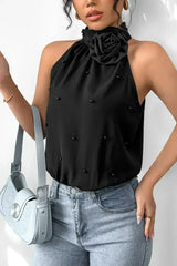 Black Beaded Decor Flower Halter Bodysuit - Femstylo