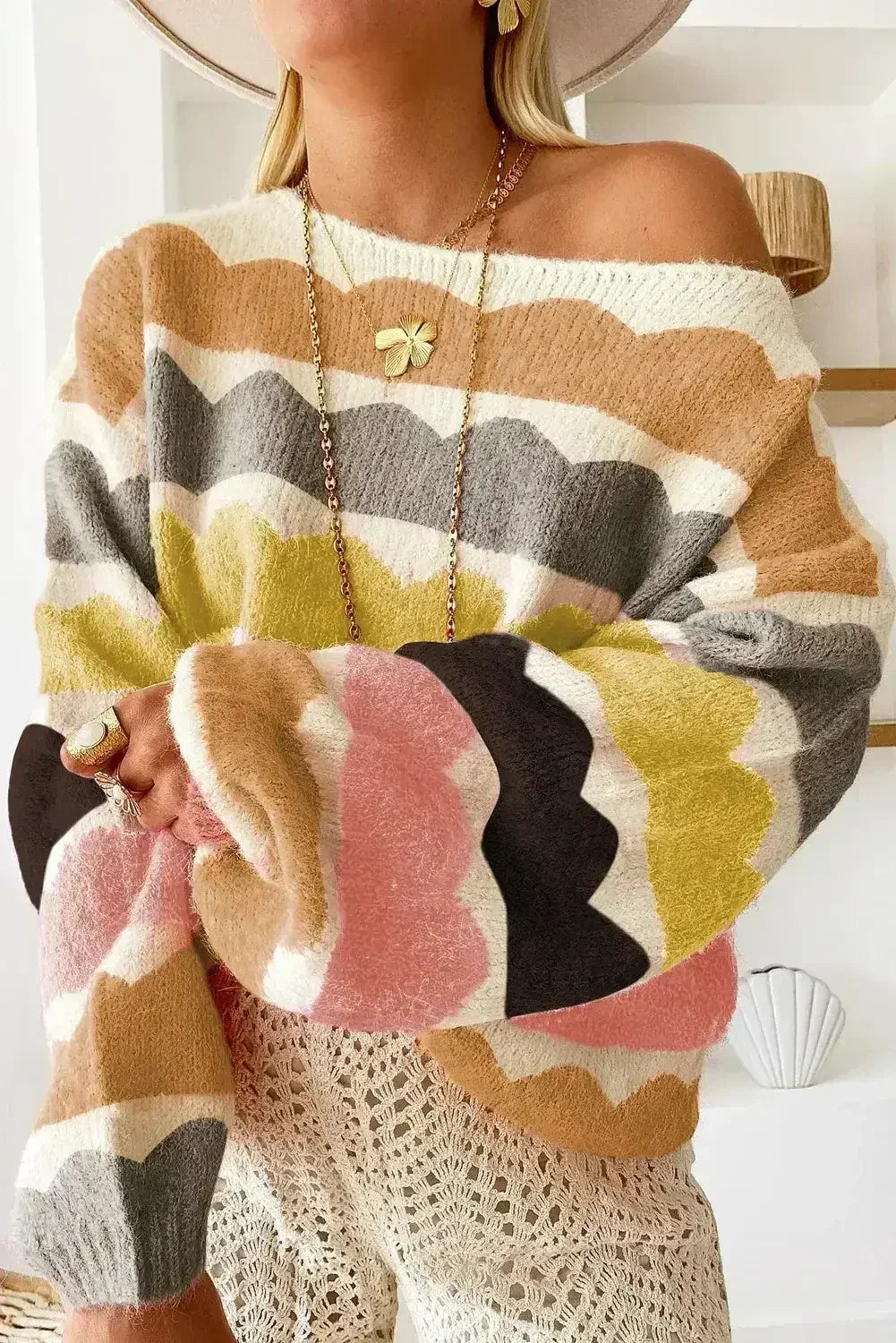 Yellow Wave Striped Balloon Sleeve Drop Shoulder Sweater - Femstylo
