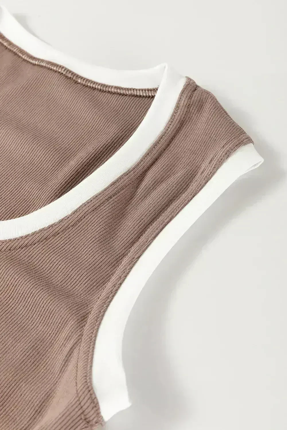 Smoke Gray Ribbed Knit Contrast Edge U Neck Slim Fit Tank Top - Femstylo