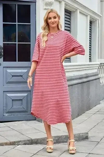 Lovelet Contrast Striped Half Sleeve Midi Tee Dress - Femstylo