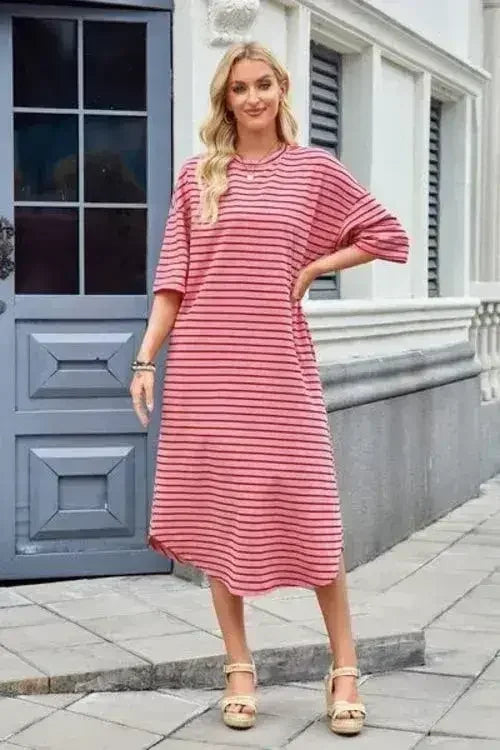 Lovelet Contrast Striped Half Sleeve Midi Tee Dress - Femstylo