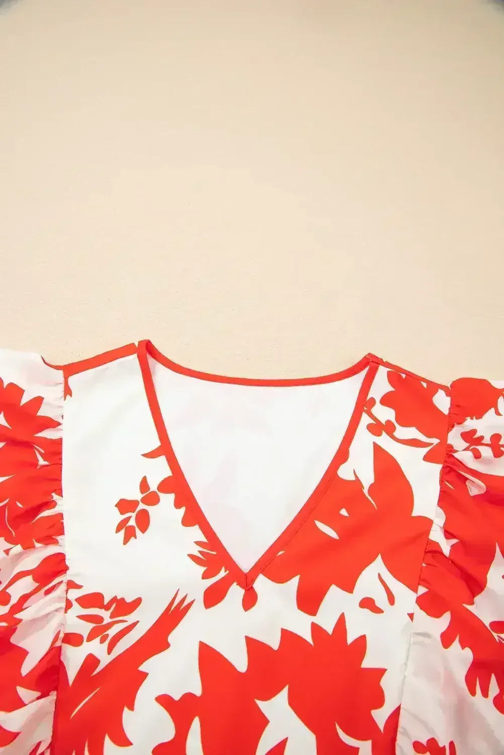 Red Floral Print Trimmed V Neck Ruffle Sleeve Maxi Dress - Femstylo