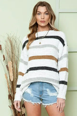 Multicolor Stripes Print Popcorn Drop Shoulder Pullover Sweater - Femstylo