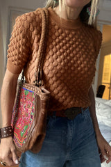 Straw Yellow Fish Scale Textured Knit Ribbed High Neck Short Sleeve Sweater