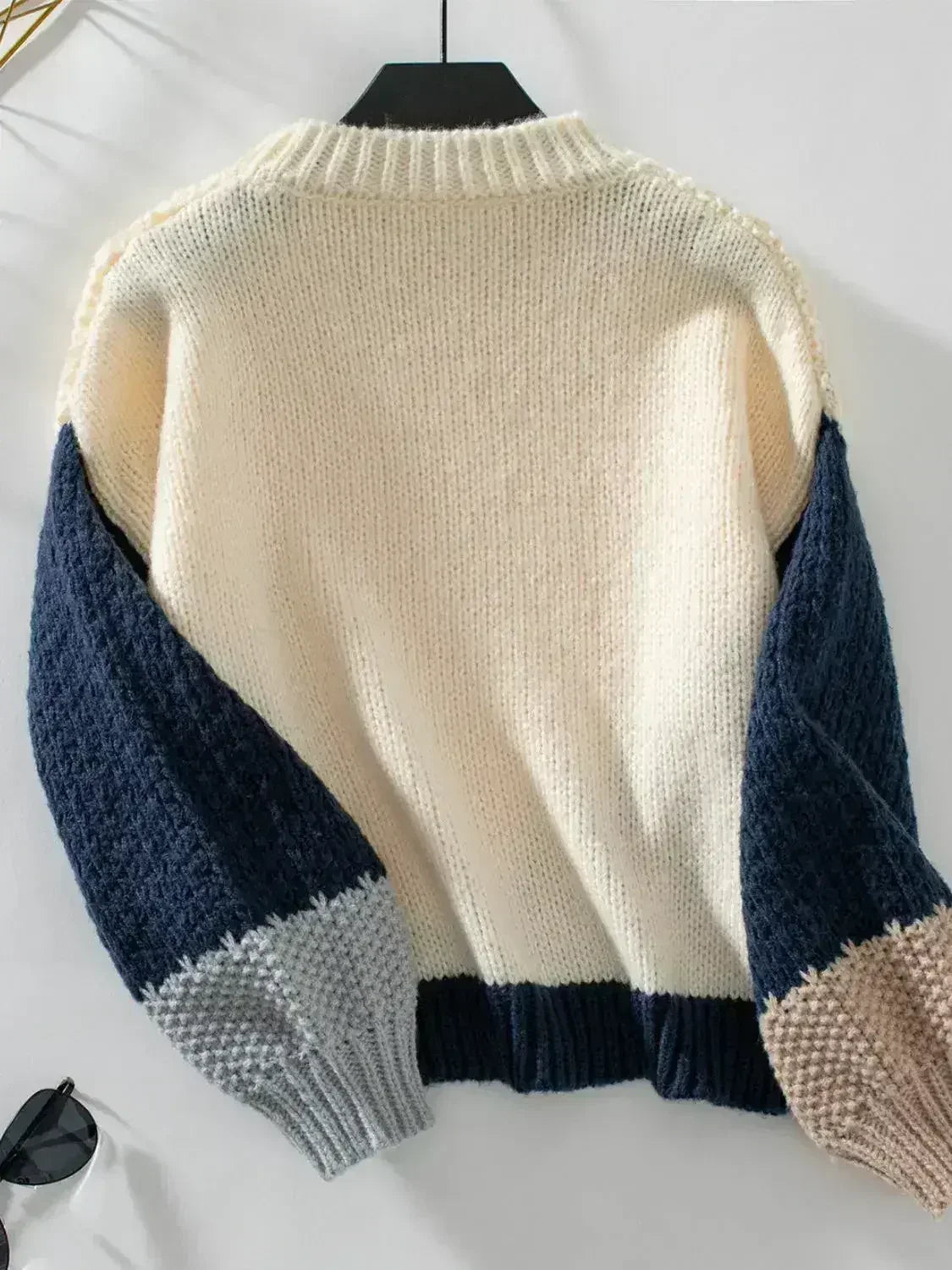 Color Block Round Neck Dropped Shoulder Sweater - Femstylo