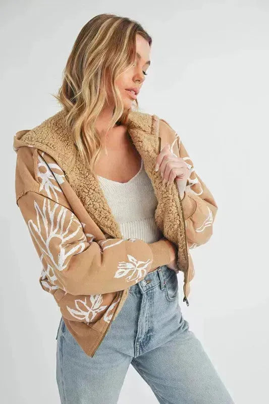 Floral Sherpa Hoodie - Zip-Up Fleece Jacket with Pockets