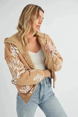 Floral Sherpa Hoodie - Zip-Up Fleece Jacket with Pockets