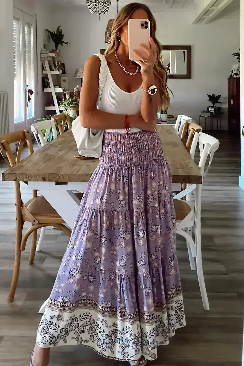 Purple Floral Print Shirred High Waist Maxi Skirt - Femstylo