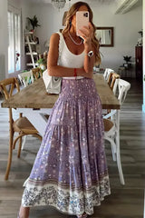 Purple Floral Print Shirred High Waist Maxi Skirt - Femstylo