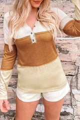 Orange Color Block Henley Top - Striped V-Neck Knit | Femstylo - Femstylo