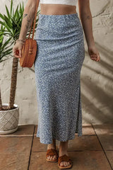 Sky Blue Boho Floral High Waist Side Split Long Skirt - Femstylo