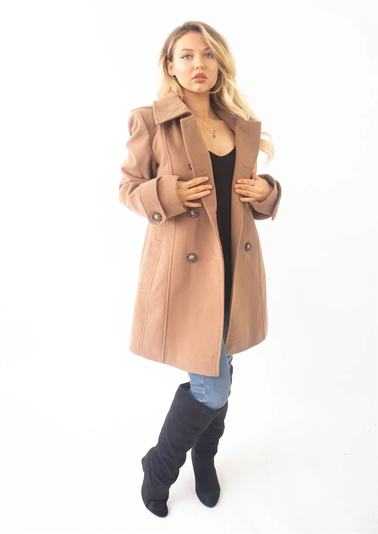 Wool Feel Double Breasted Hooded Coat