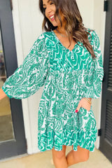 Green Bohemian Print Puff Sleeve Tied V Neck Flared Mini Dress - Femstylo